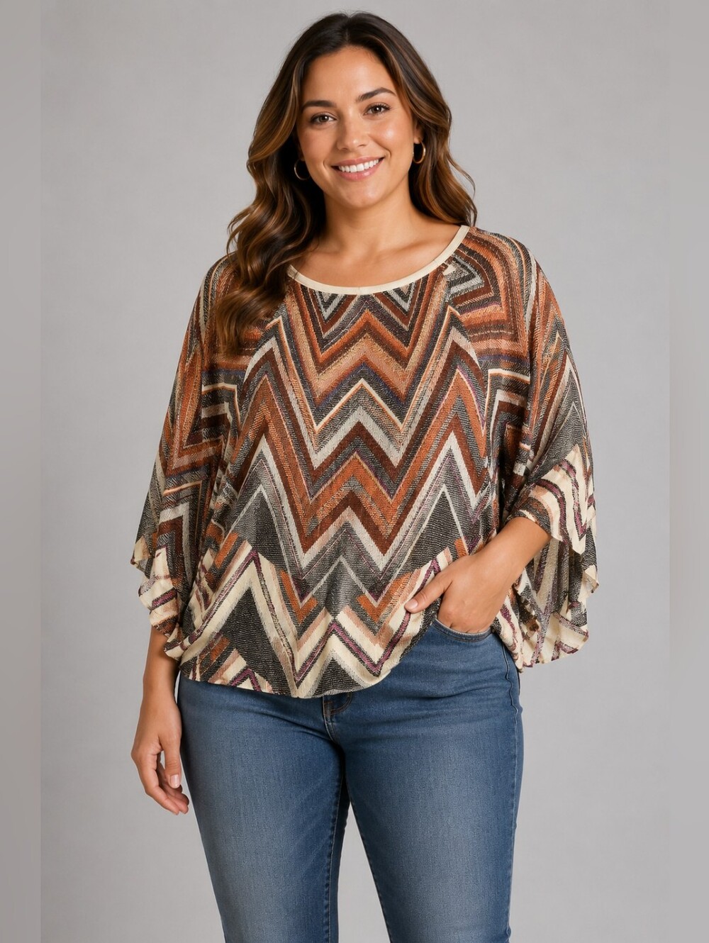 Chico's Chevron Print Dolman Sleeve Top - Rust, Cream, Black Size S/M